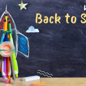 Rocket-shaped school supplies with "Welcome Back to School" text on a chalkboard background and PEBC logo in the corner.