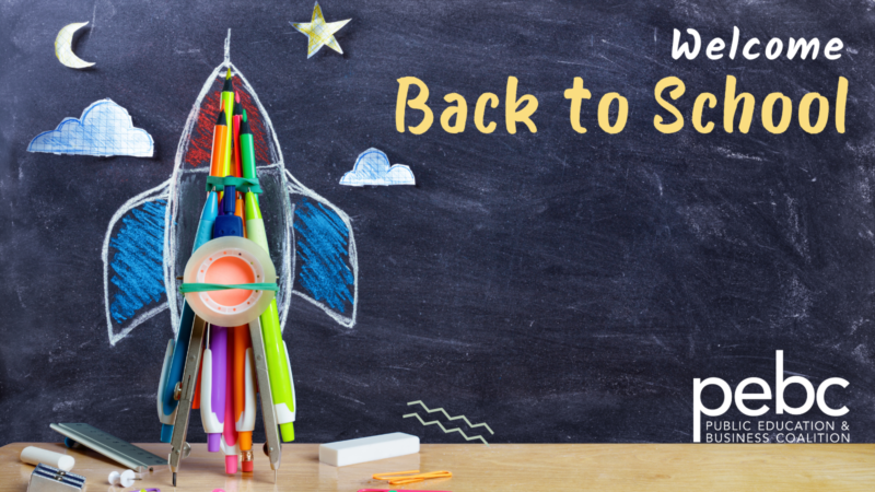 Rocket-shaped school supplies with "Welcome Back to School" text on a chalkboard background and PEBC logo in the corner.