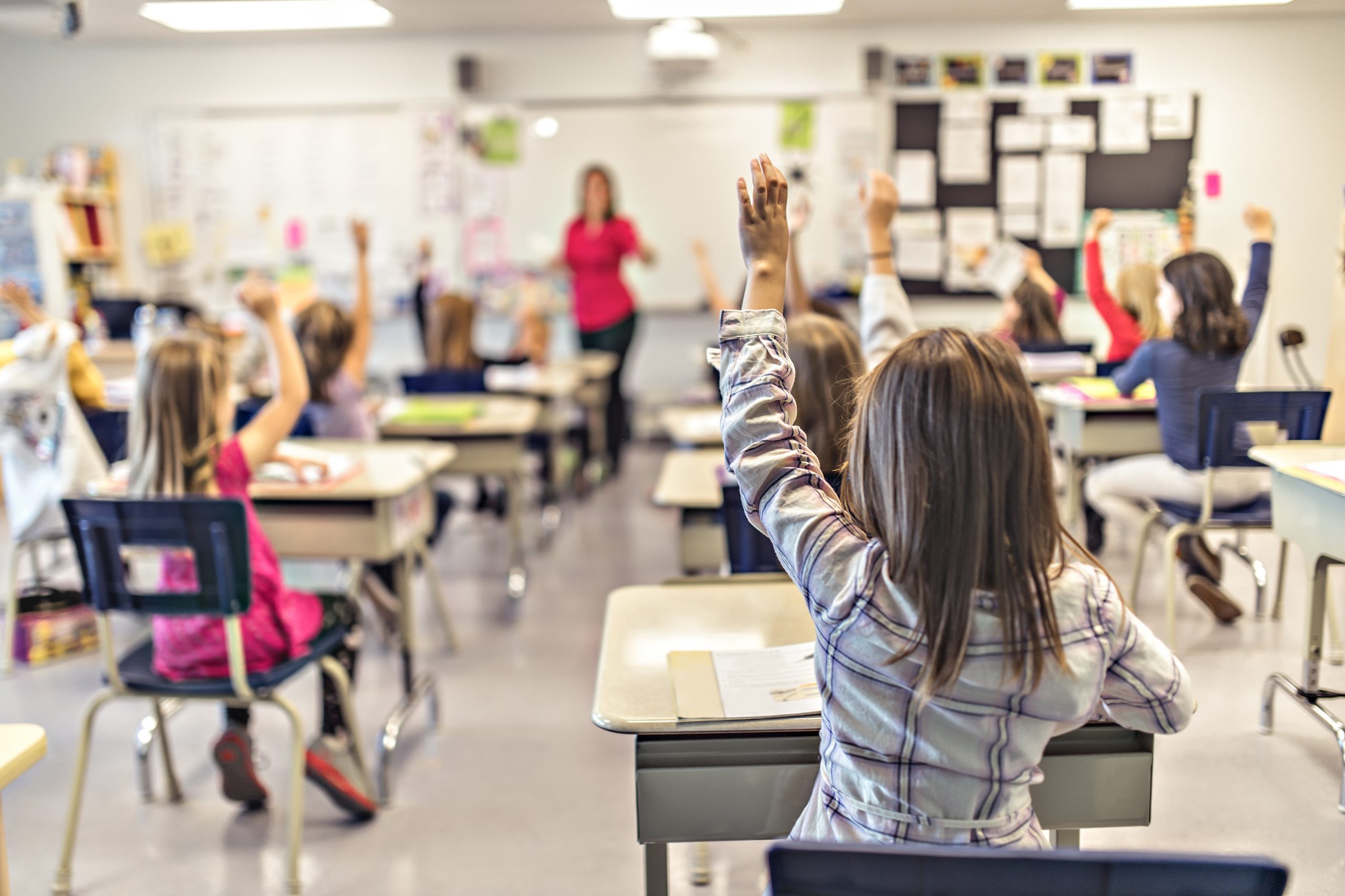 Students in a classroom raising their hands, with a teacher at the front of the room.