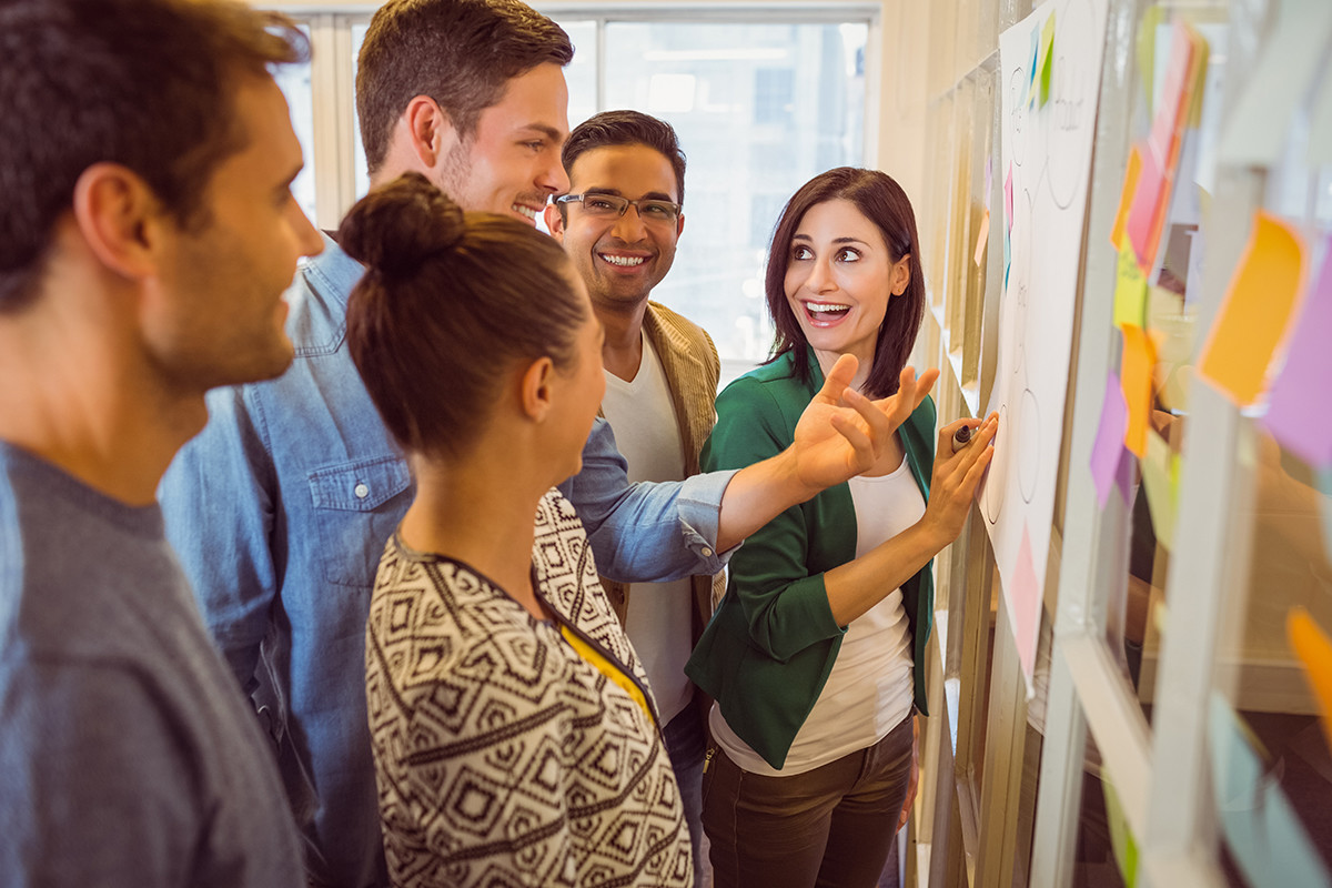 A group of five people collaborating and discussing ideas with sticky notes on a whiteboard in an office setting.