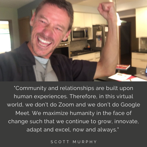 A man cheering in a kitchen with a quote about community and relationships by Scott Murphy.