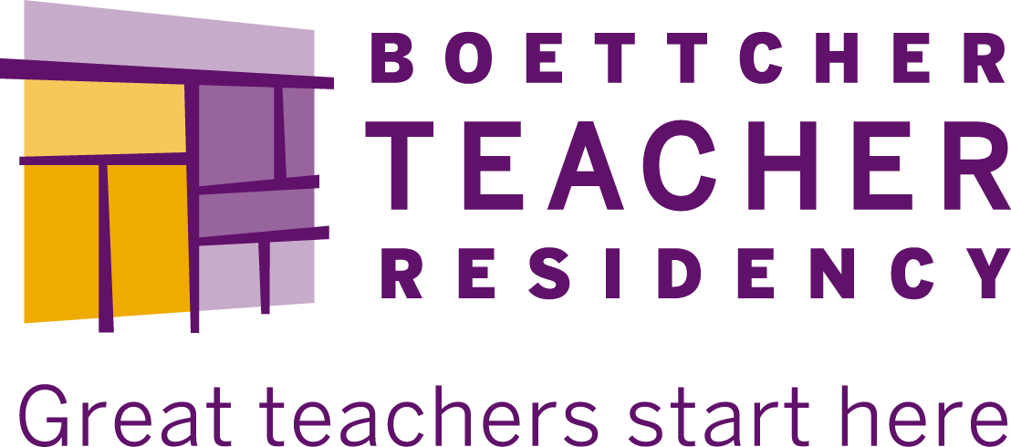 Boettcher Teacher Residency logo with the text "Great teachers start here" beneath architectural design elements.