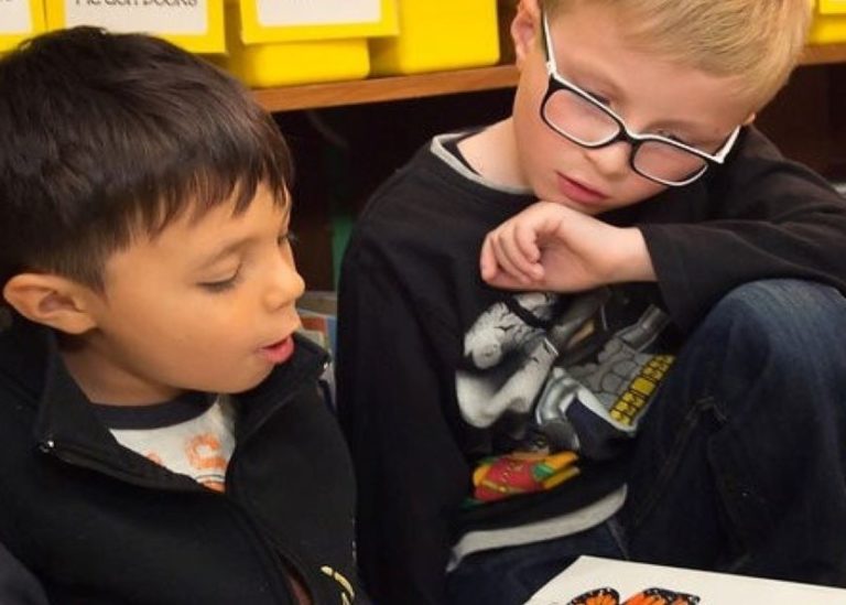 Two young boys are reading a book together, with one pointing at the pages.