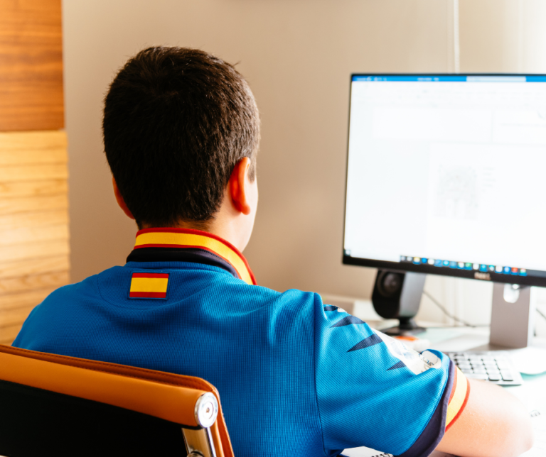 Person in a blue shirt working on a computer at a desk, viewed from behind.