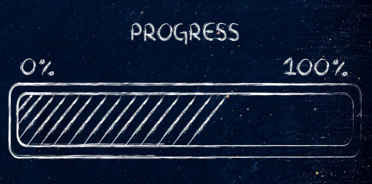 An illustration of a progress bar on a dark background showing 50% completion with text "PROGRESS" above it.