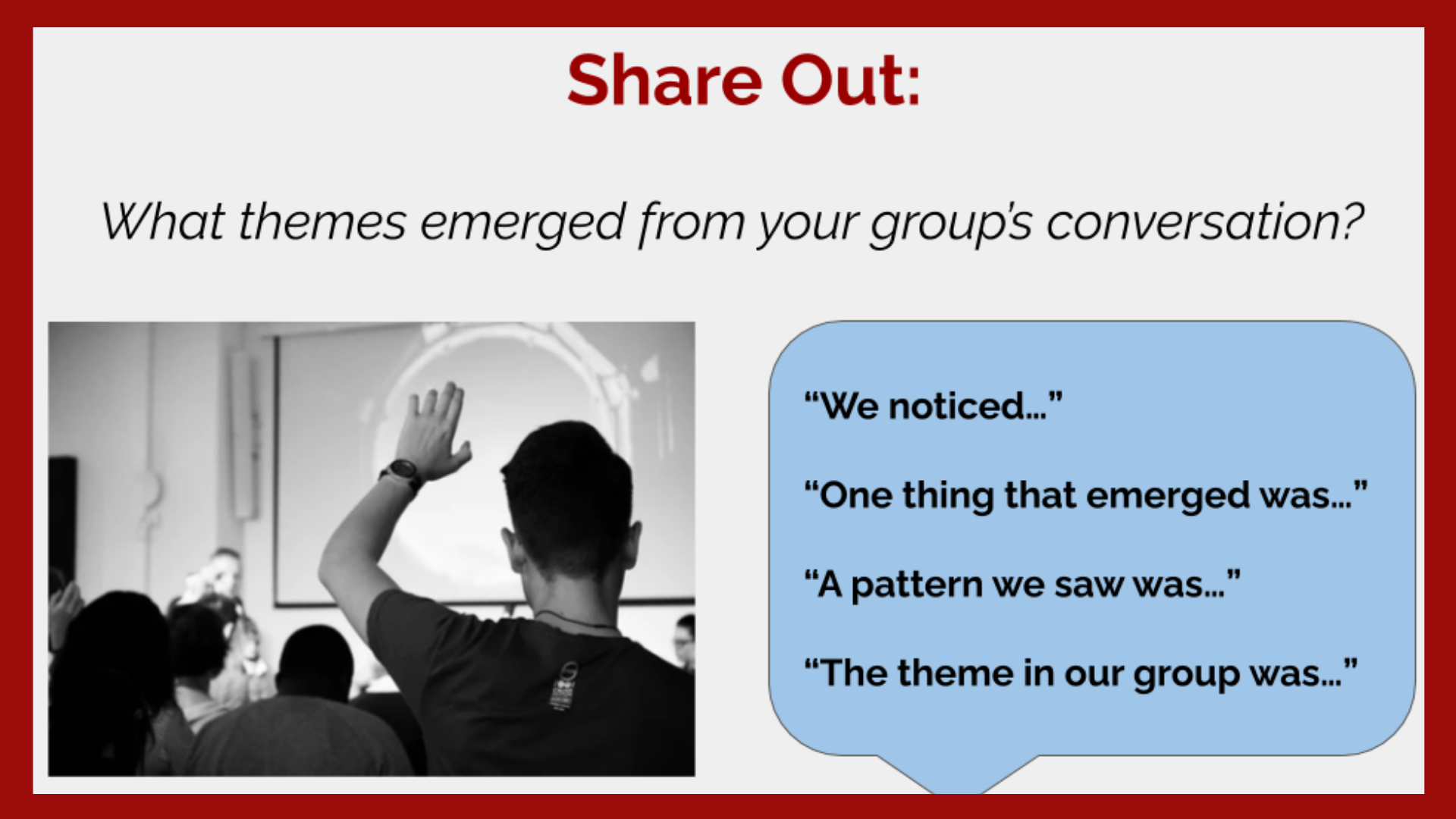 Person raising hand in a meeting. Text prompts for sharing group conversation themes on the right.