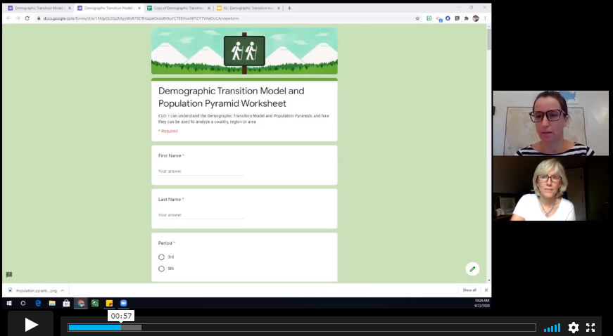 Screenshot of a "Demographic Transition Model and Population Pyramid Worksheet" Google Form with participant video thumbnails.