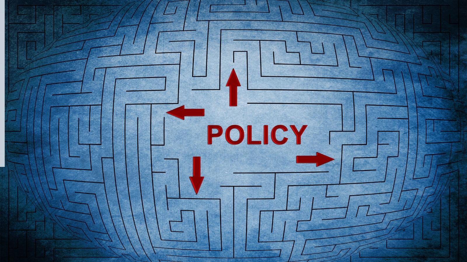 A maze with the word "POLICY" in the center and red arrows pointing in different directions.