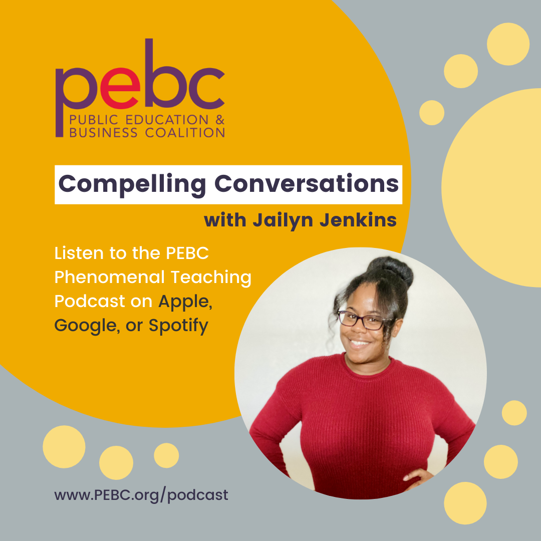 Image promoting PEBC's Phenomenal Teaching Podcast featuring Jailyn Jenkins, available on Apple, Google, and Spotify.