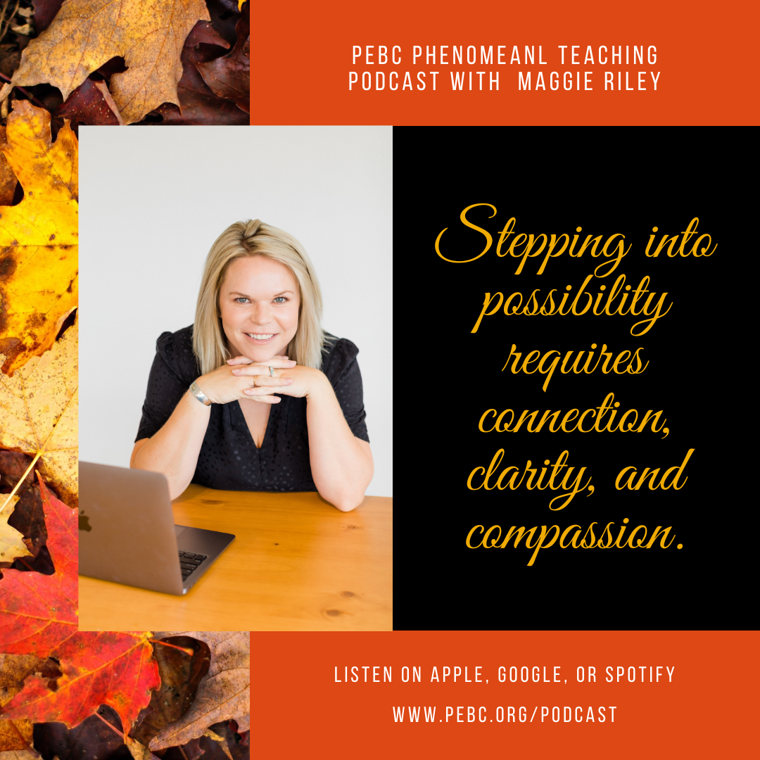 Smiling woman at a desk with a laptop. Text: "Stepping into possibility requires connection, clarity, and compassion.