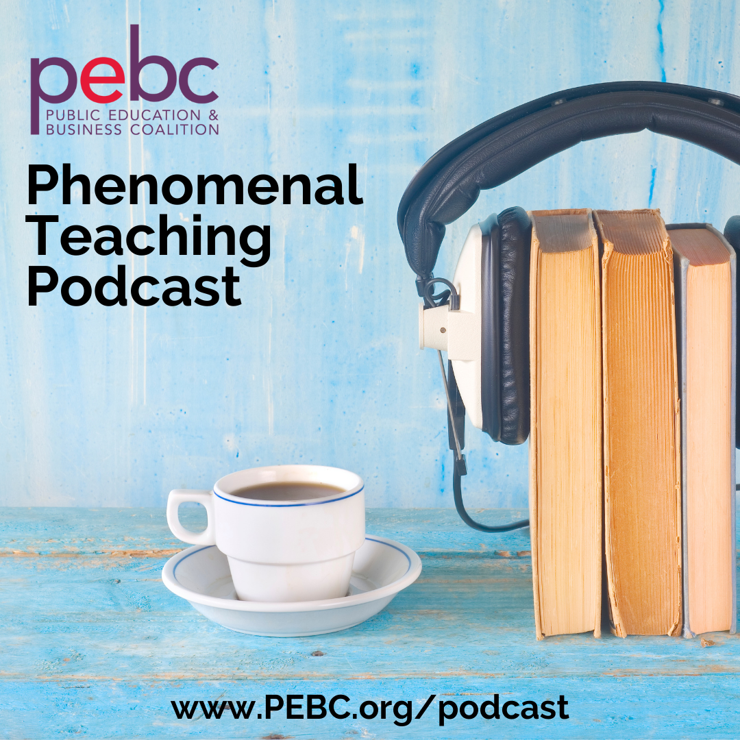 Stack of books with headphones, coffee cup in front, and text: "PEBC Phenomenal Teaching Podcast" and "www.PEBC.org/podcast".