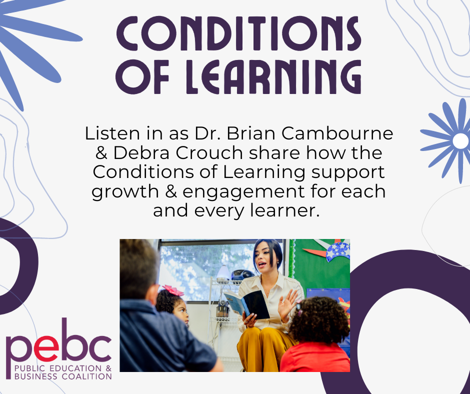 Flyer with text about Conditions of Learning featuring Dr. Brian Cambourne and Debra Crouch, includes a teacher and students.