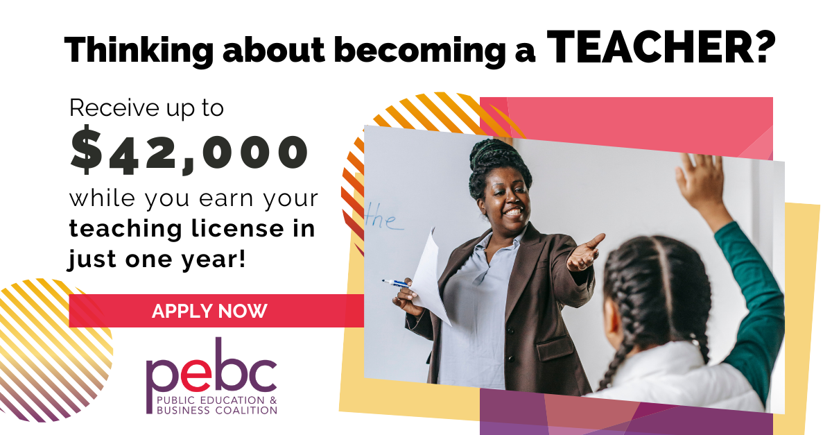 Image with text: Thinking about becoming a teacher? Earn up to $42,000 while getting your teaching license in one year. Apply now.