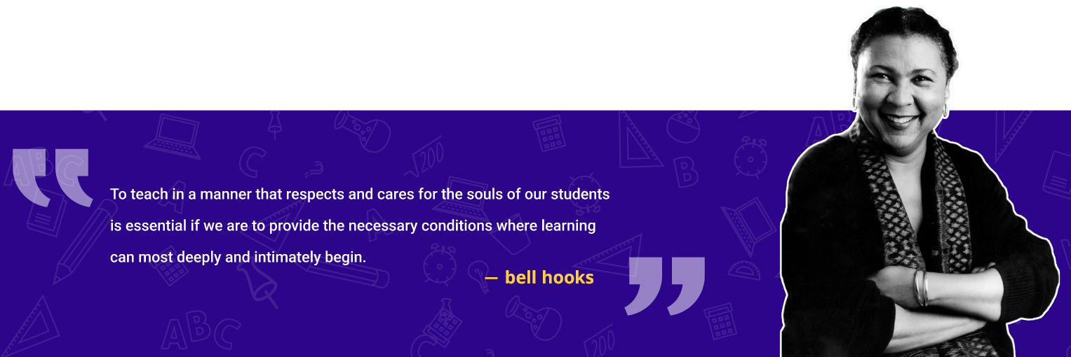 Black and white photo of a smiling woman beside a quote about teaching by bell hooks, with a purple background and icons.